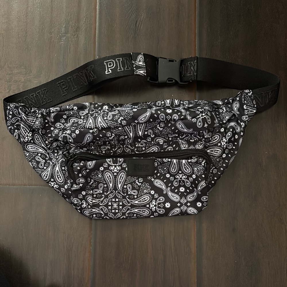 PINK Victoria's Secret Black and White Paisley belt bag